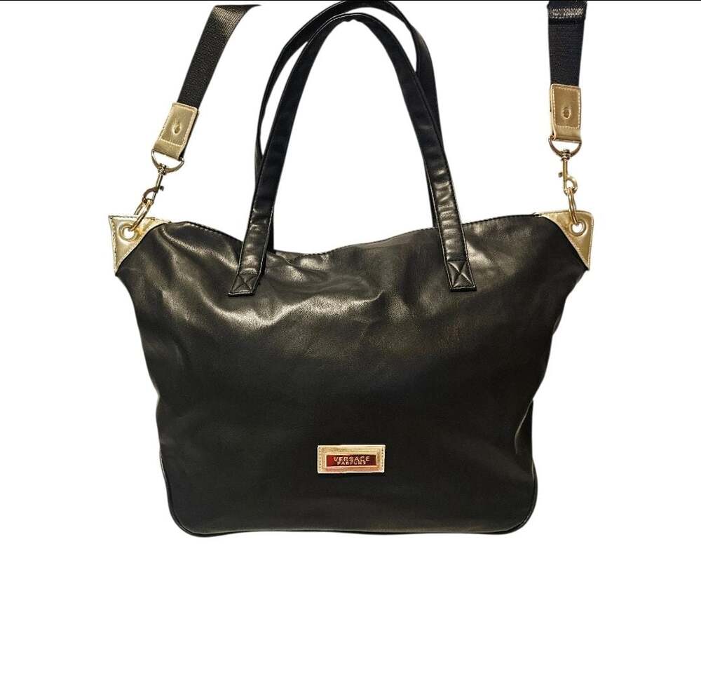 Versace Parfums Black Faux Leather Weekender Tote Bag with Gold Tone Hardware